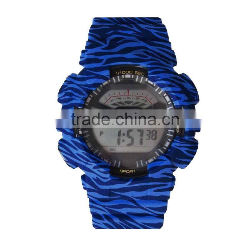 LP1331 Blue PU Multifunction Digital LCD Display Printing graphic pattarn set digital wrist G watch