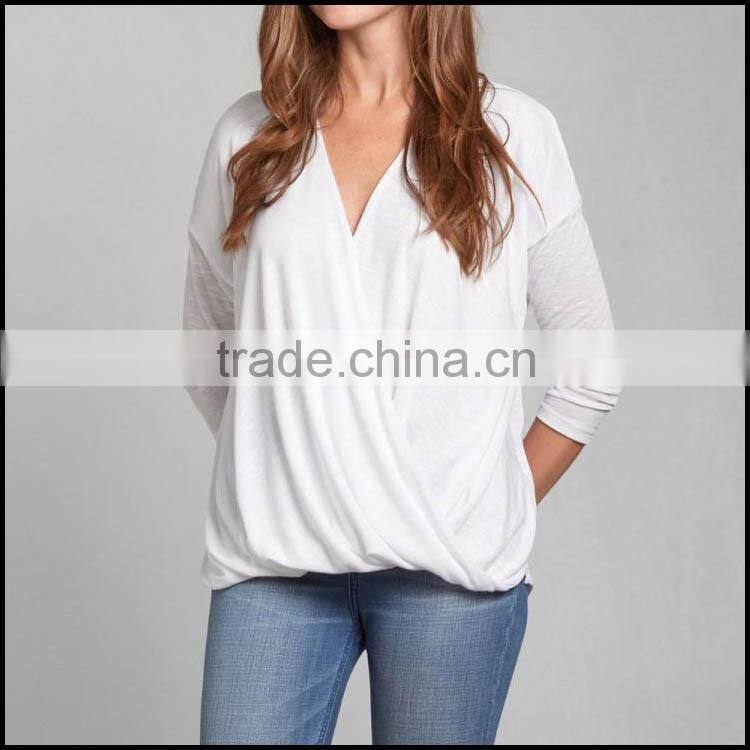 Women latest fashion blouse design chiffion draped wrap blouse 2015