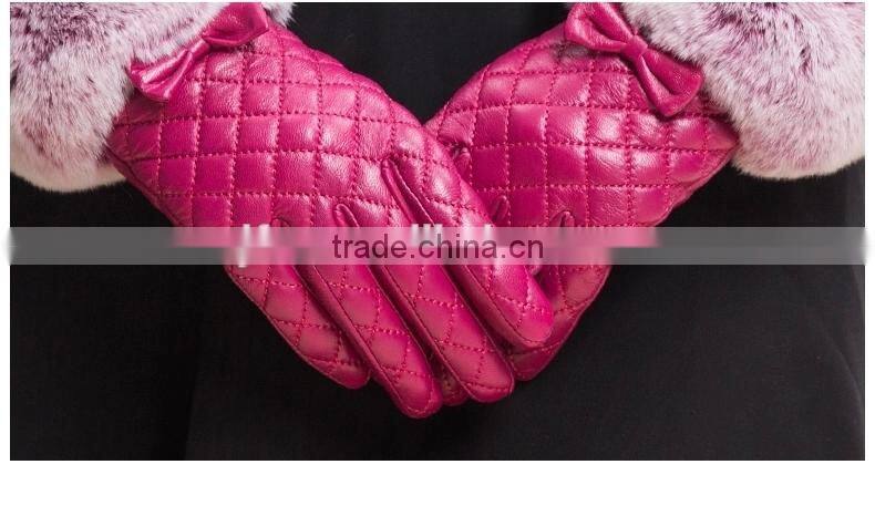 Rex Rabbit Fur Wrist Trim Genuine Sheep Leather Gloves Dimond Lattice Design
