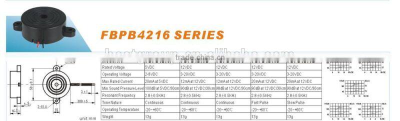 hot sell 1.5v 80DB 42mm through hole piezo buzzer FBPB4216D