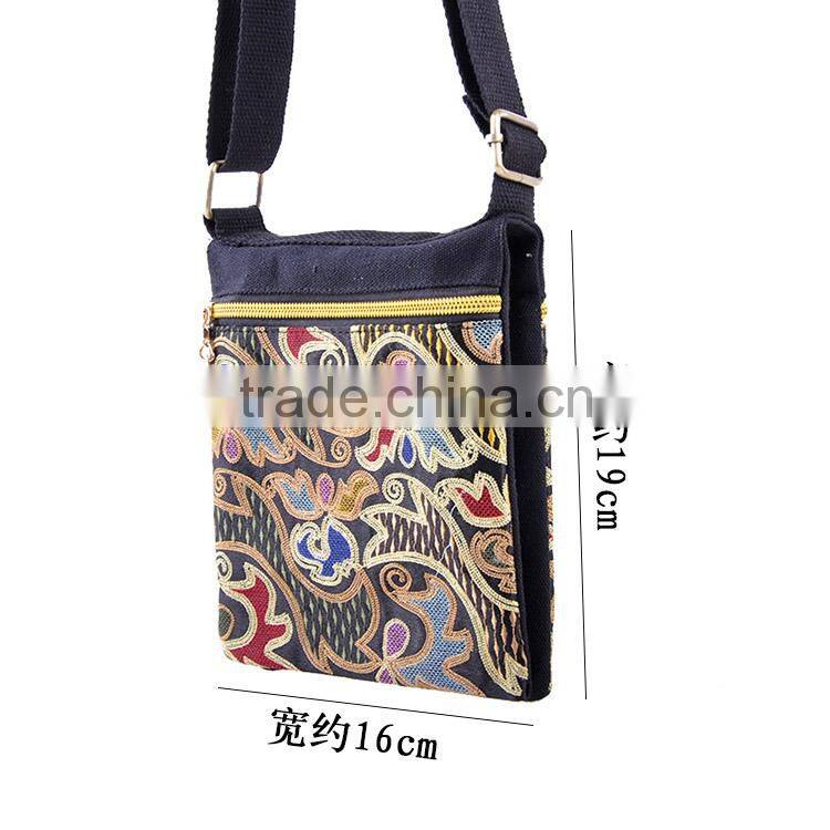 Wholesale unisex canvas messenger bag high quality double sides embroidery bag with pocket