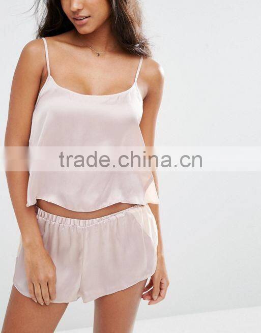 Hot Sale Fashion Pajamas Strap Crop Tops Custom Chiffon Side Satin Cami & Short Pyjama Set
