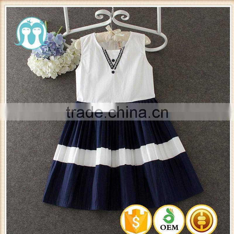 2017 New arrival Korean style white and blue casual dress children simple summer dress hoilday beach party dresses kids clothing
