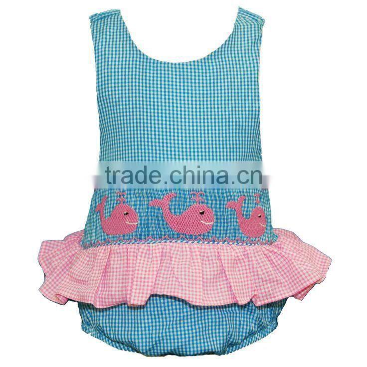 Turquoise Gingham Handmade Smocked Embroidered Whale One Piece Swimsuits