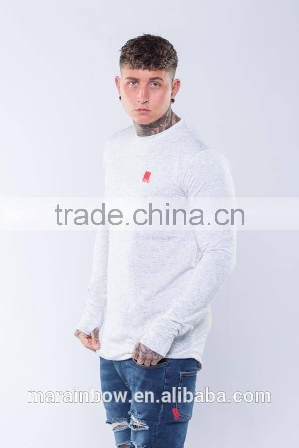 White Twill Mens Longline Curved Hem T Shirt Long Sleeve T Shirt with Thumb hole OEM 95% Cotton 5% Elastane T Shirt