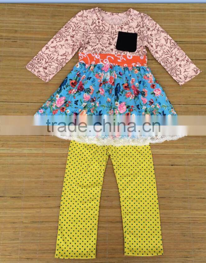 top sale kids boutique christmas outfit fall long sleeve outfit for teen girls flora shirt pants set