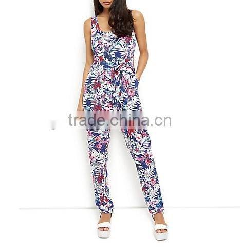 Fashion Summer Viscose Blue Tropical Print Tie Front Jumpsuit for women 2015 China Manufacturer
