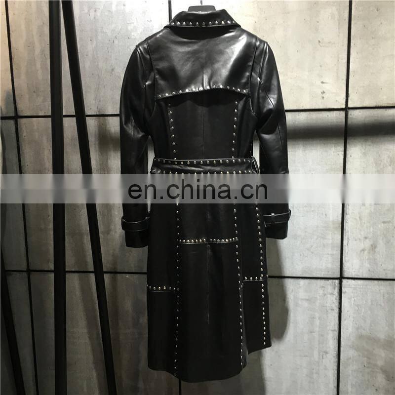 Fashion Classical Lady Windbreaker 100% Leather Jacket Semiformal Wear Ladies Long Leather Jacket