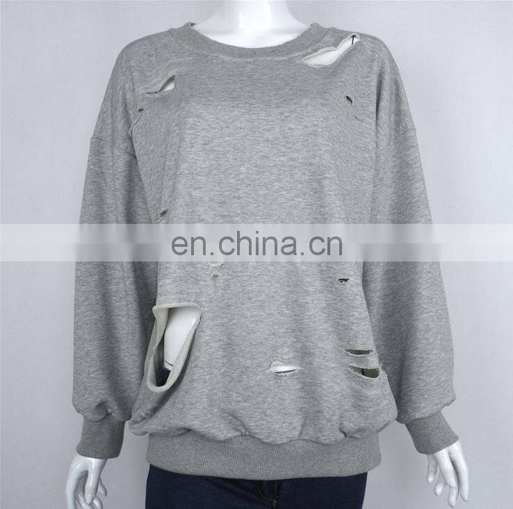 Ladies Sweatshirts Hole Cut Out Distressed Batwing Sleeve Sweater Sweatshirt