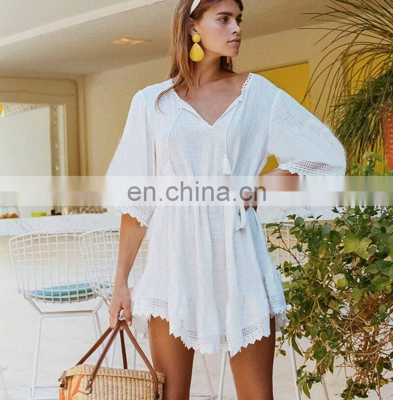 V neck Beach Cover up Sarong White Cotton Beach Dress Tunic Bikini cover up Kaftan Beach Swimsuit cover up Saida de Praia