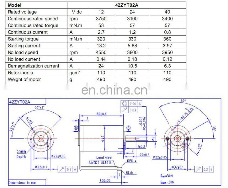 42zyt01a 12v 24v 15 watt dc motor permanent magnet 39mNm 3600rpm rated