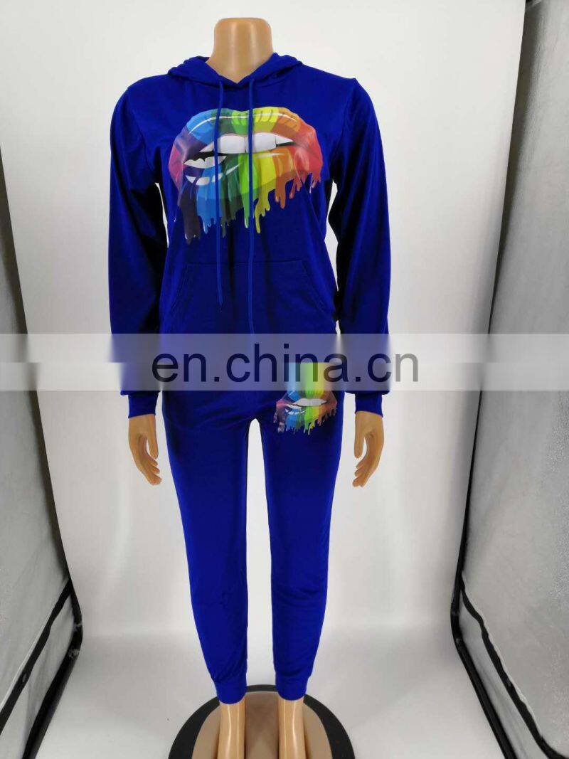 Wholesale custom ladies suit printed hooded long sleeve sweater casual suit Sports long hooded printed suit Casual style
