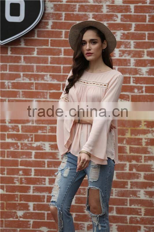 Bell Sleeve Round Neck Shirts Casual Tops Women Sexy Brand Fashion Beach Wear Summer Clothing Ladies Loose Eyelet Blouse B005