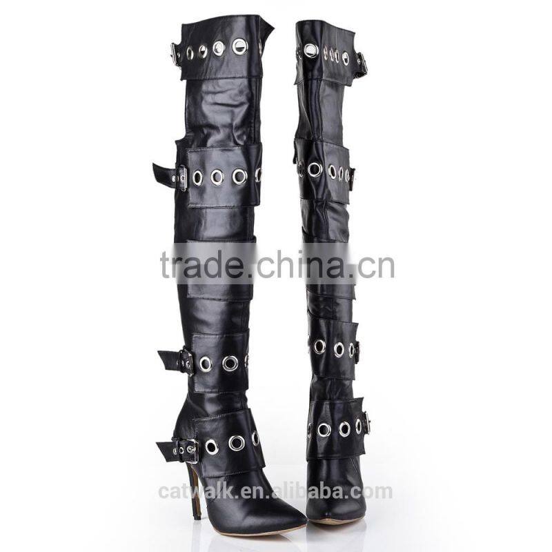 Over the knee lace up boots front round metal embelished thigh high boots cut out knee high gladiator boots