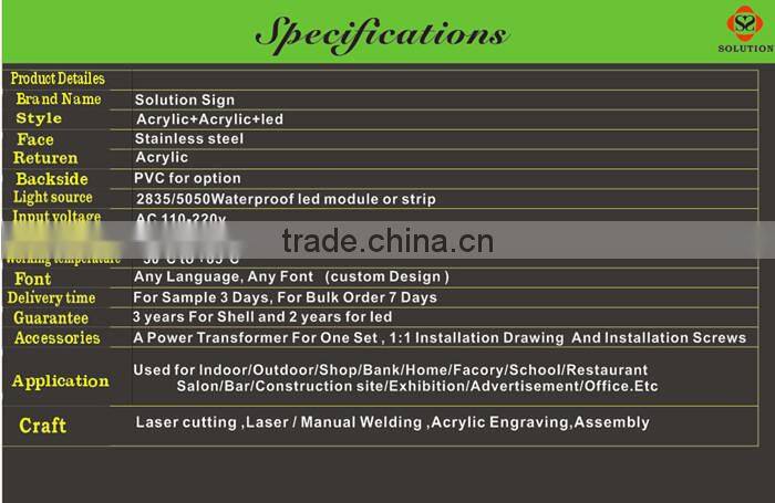 hight quality fulllit indoor/outdoor acrylic led sign from china