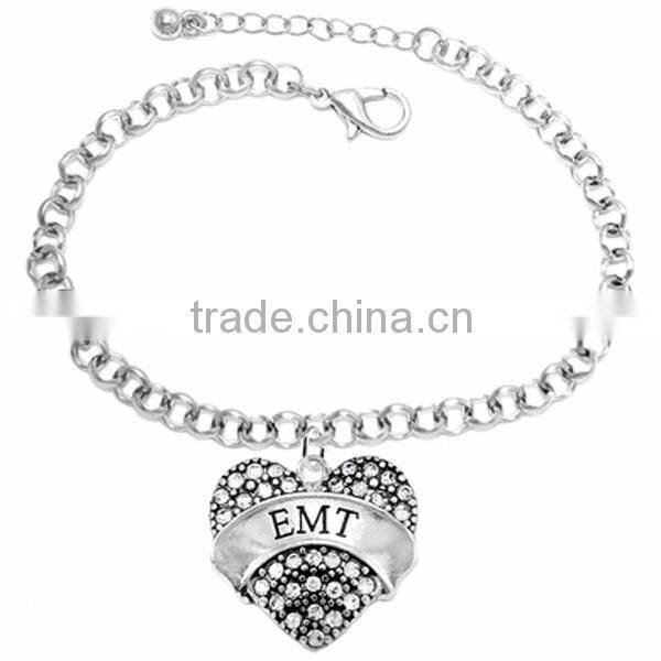 Clear Crystal Covered "FIREMAN'S WIFE" Heart Charm Chain Link Bracelet
