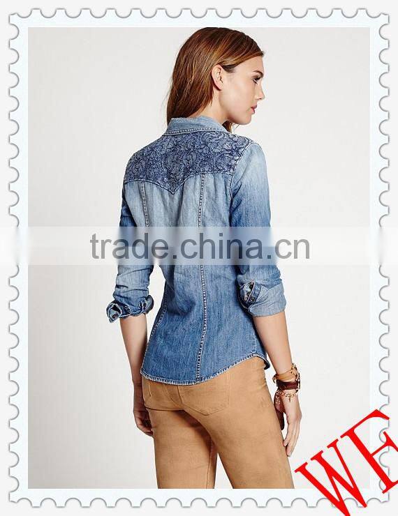 2014 autumn women's long sleeve lab washed denim slim-fit fashion shirt with lace