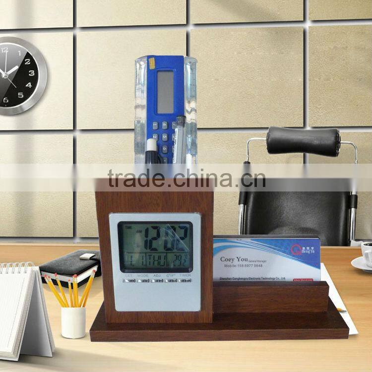 High-grade office desktop wooden brush pot clock