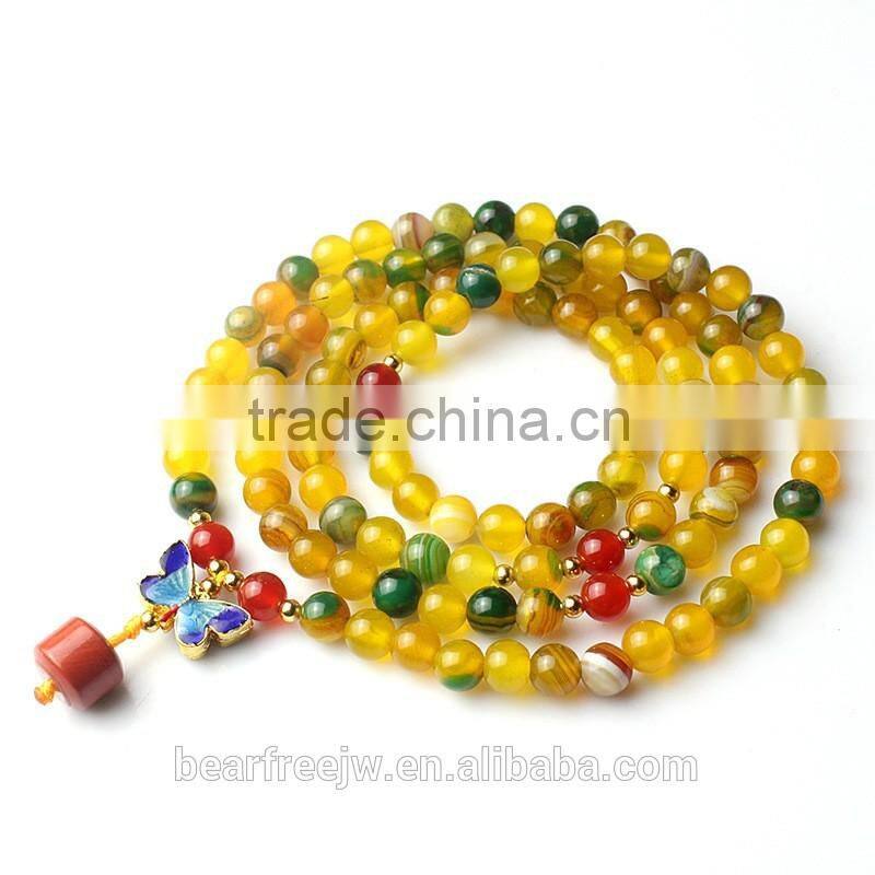 Bear Free Jewelry Multilayer Tibetan Natural Yellow and Green Agate Mala Bead Prayer Wrap Bracelet Necklace