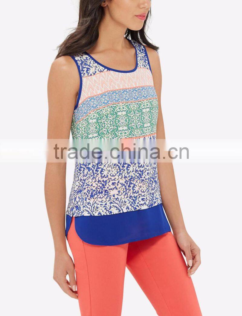 2016 boho clothing Curved dolphin hem colourful print women tank top
