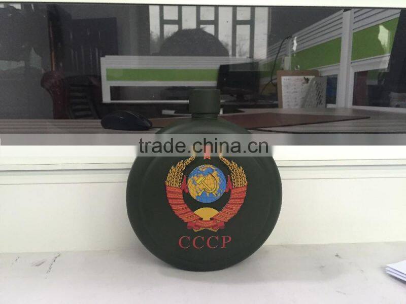 42oz round hip flask with print logo and spray pain coating then in leather bag.