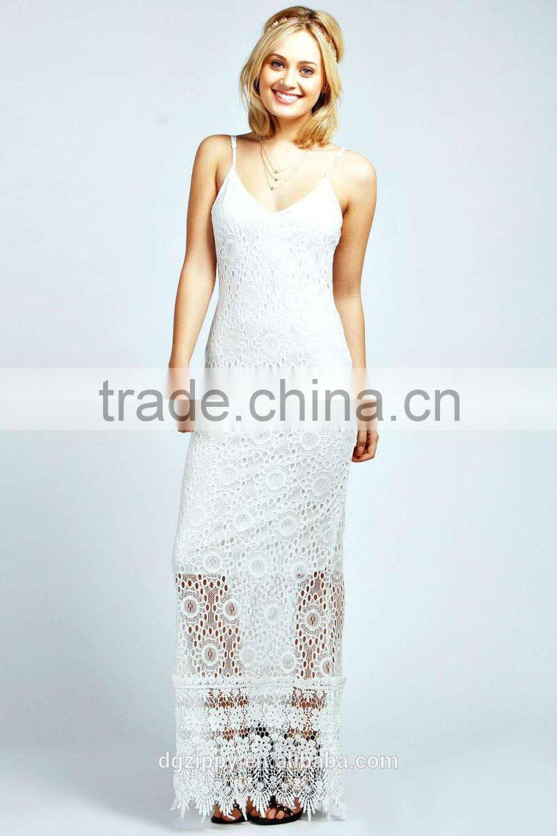 2016 Adjustable straps scoop V neckline evening dress/Sexy slim-cut sheer crochet maxi dress women party dress