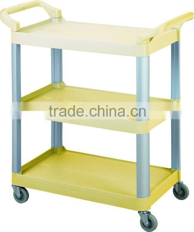 Small Size Plastic 3-tier Cleaning Room Food Service Collection Janitor Trolley with Cloth Bag