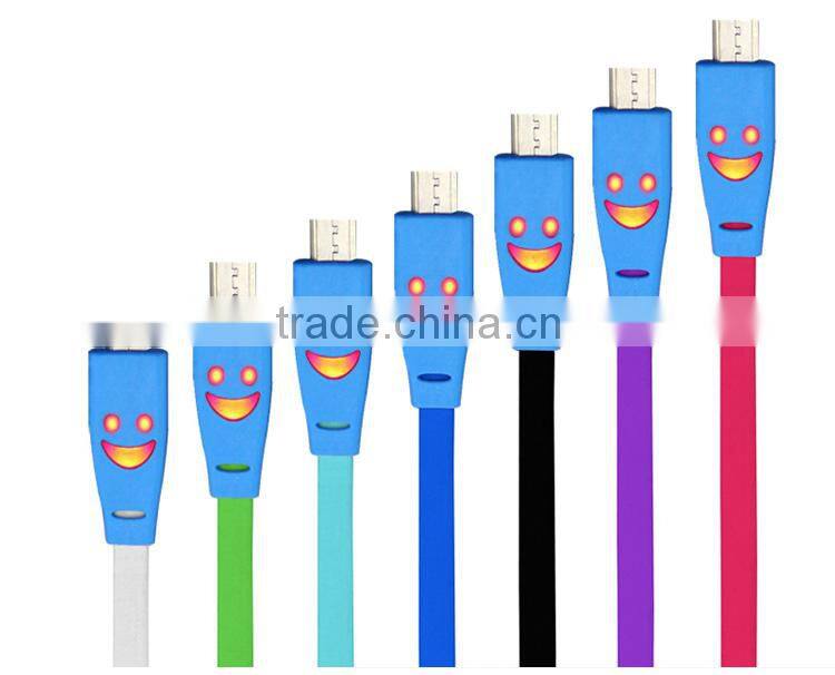 colorful led smiley face micro usb cable,flashing light for mobile phone