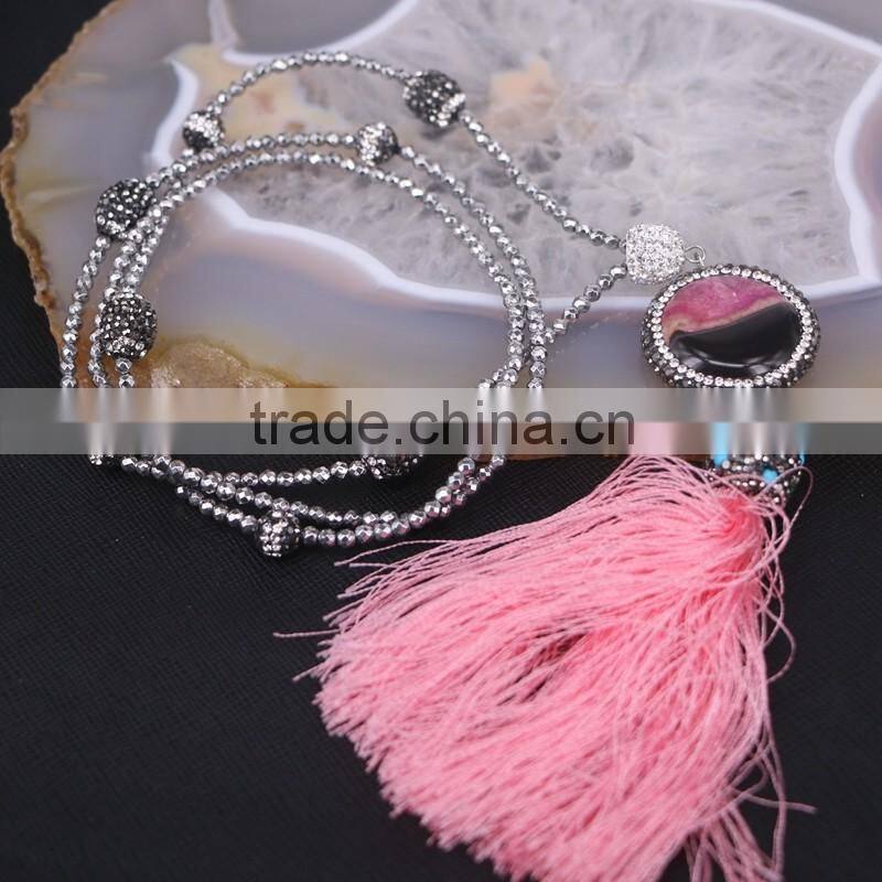 Pave Crystal Agate Tassel Pendant Necklace, with Hematite Gem stone Beaded Necklace