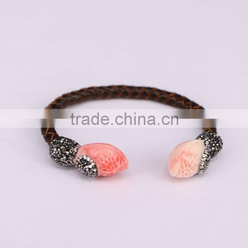 Charm Pink Shell Bangle Bracelet, With Crystal Zircon Leather Cord Bracelets, Druzy Jewelry Bangle