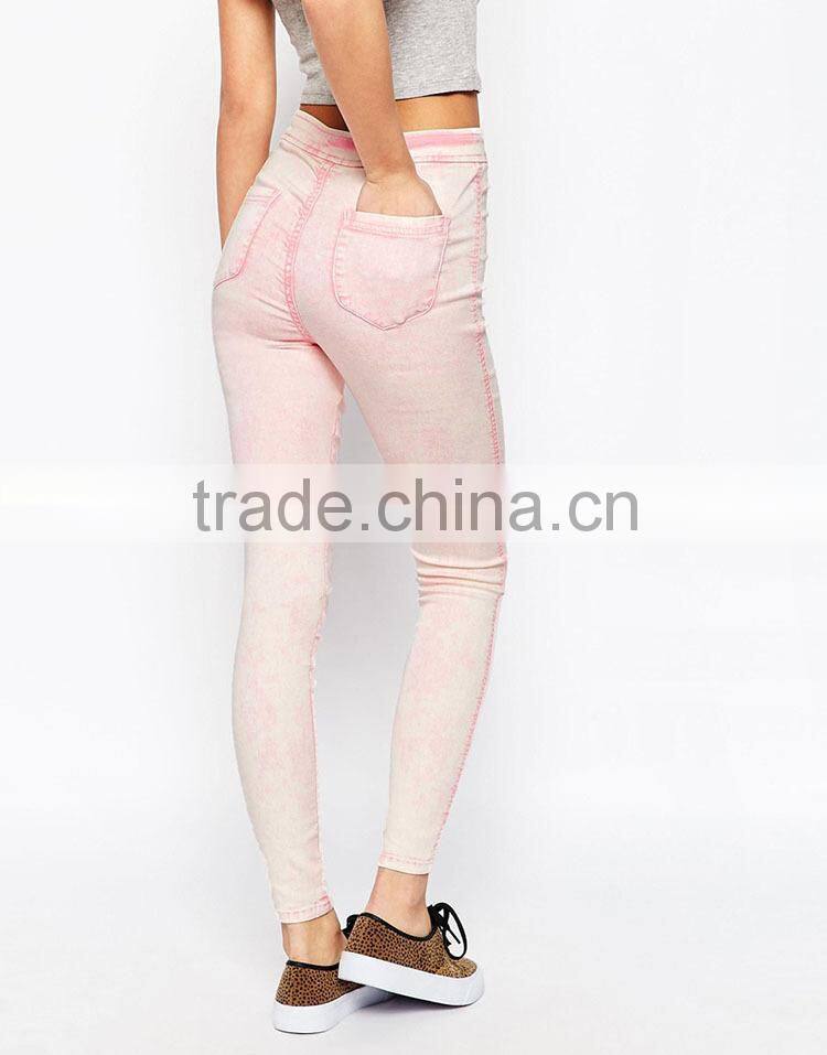 China supplier apparel wholesale new fashion high end high waist women pink skinny jeans