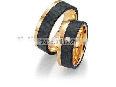 18K yellow gold plated two tone carbon fiber ring black titanium engagement gold couple ring