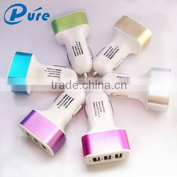 3 ports 3A output 3 usb car charger with very low price colorful charger for smartphone tablet