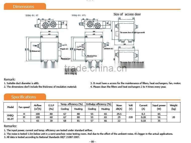 All-in-one HVAC indoor air heat exchange portable energy recovery ventilation systems with flexible pipes