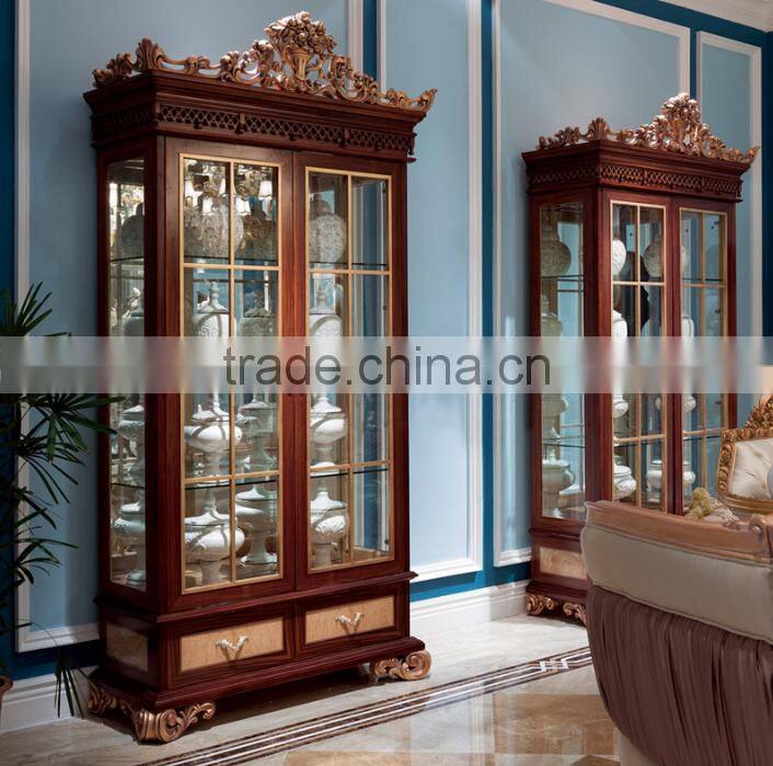 Neoclassic wooden home furniture solid wood flower carving two glass doors living room display cabinet