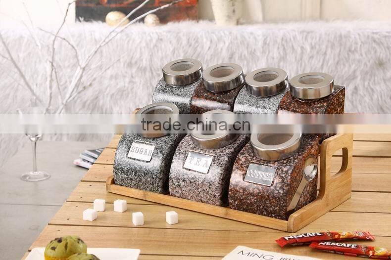 export to turkey colourful ceramic porcelain canister set,ceramic canister,storage jar,ceramic jarwith spoon & bamboo stand