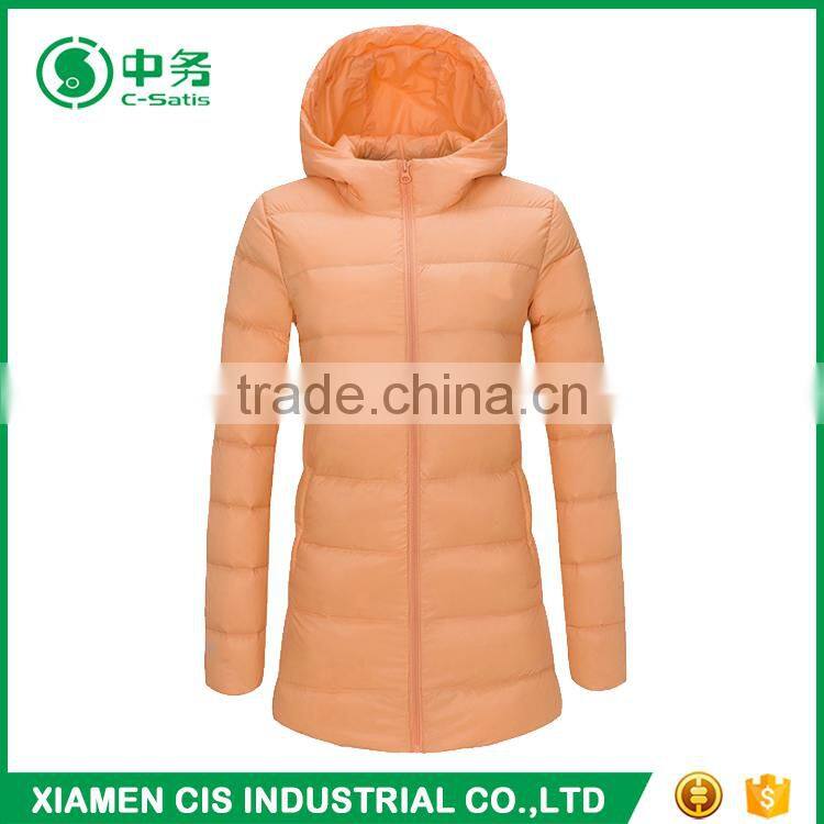Popular Style Colorful Winter Shiny Ladies Long Down Jacket with Hood