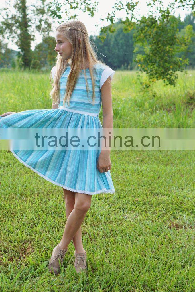 Girls Remake Boutique Back To School Blue Striped Dress 100 % Cotton Lace Dress