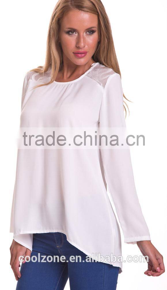 100%Polyester long sleeve woman blouse 2015,women tank tops in white