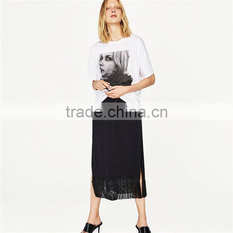 2017 OEM Spring Side Slit Fringed Hem Long Skirts for Girls