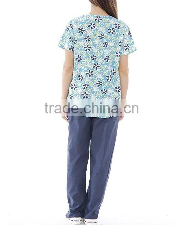 Printed medical workwear mock wrap unifrom set oem service supply