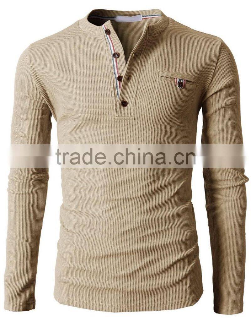 Mens Trendy Bound Pocket Waffle Cotton Knit Long Sleeve Henley Shirts