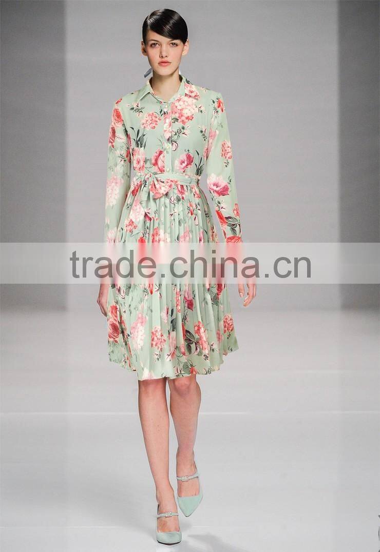 Ladies full printing bouffant lotus long sleeve temperament dress with belt