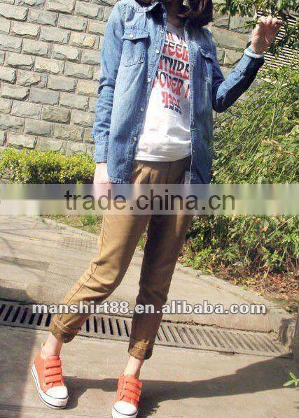 100% cotton washed women's top blouses denim shirts with 2 pockets and snap buttons