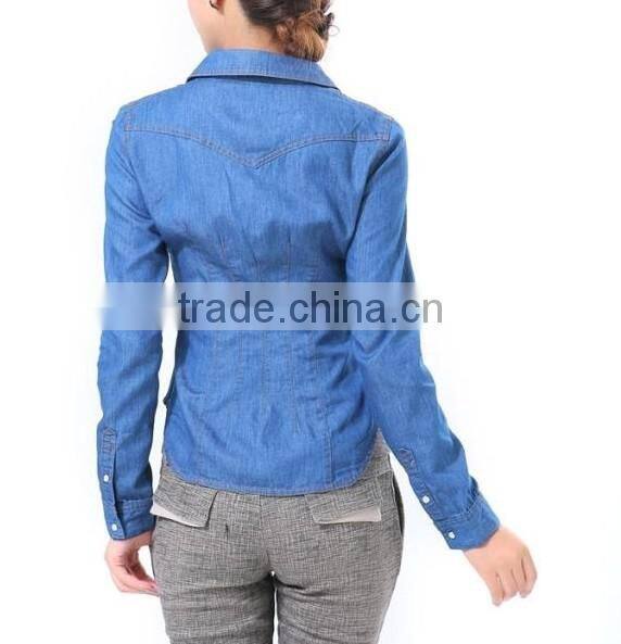 new slim fit long sleeves denim dress shirts for women with two pockets