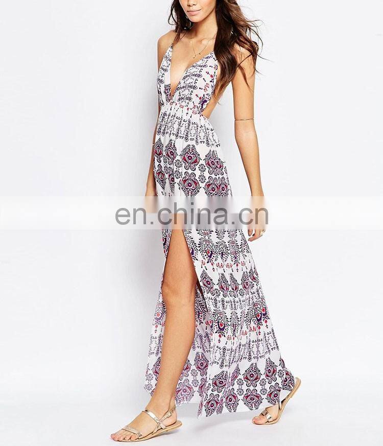 OEM Service China Factory Maxi Long Floral Plunge Spaghetti Strip Cross Back Side Split Beach Trendy Dress 2017