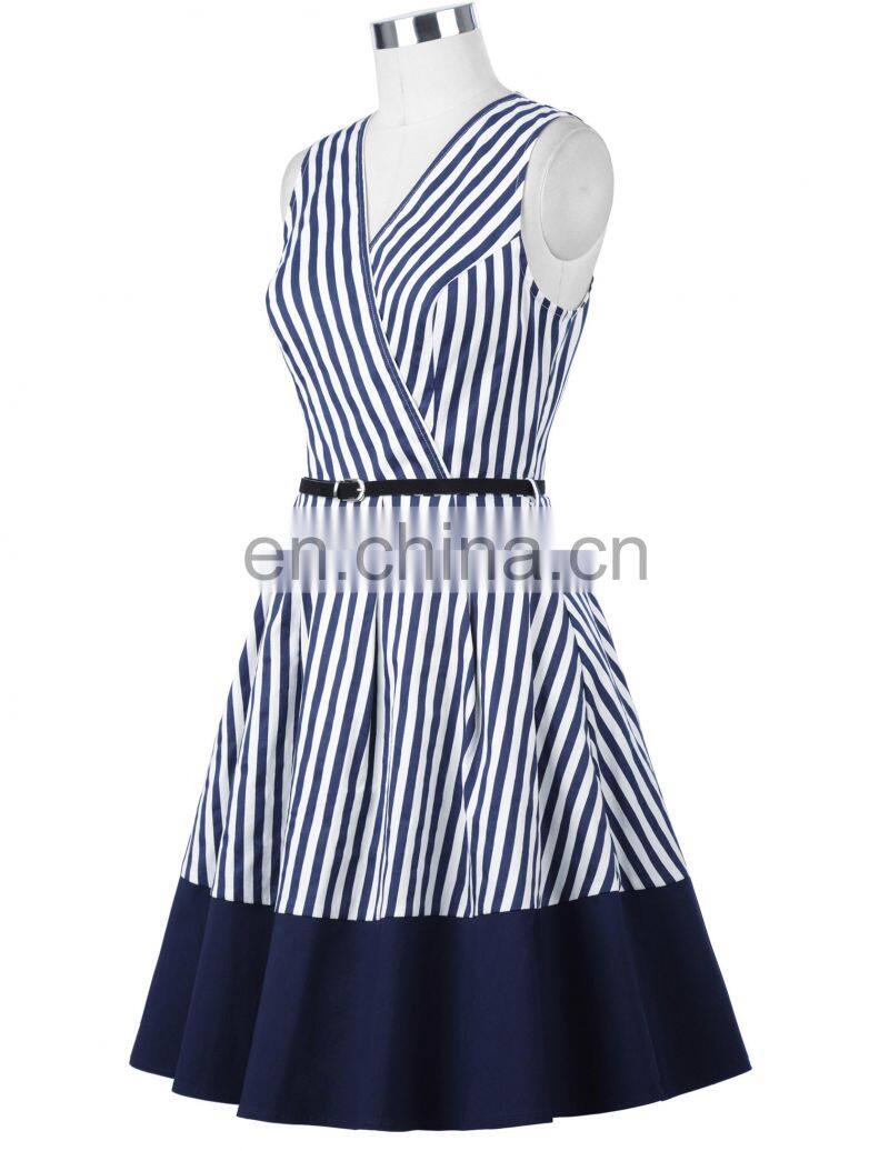 Belle Poque Stripe Pattern Stripped Sleeveless V-Neck A-Line Dress Retro Vintage 50s BP000308-1