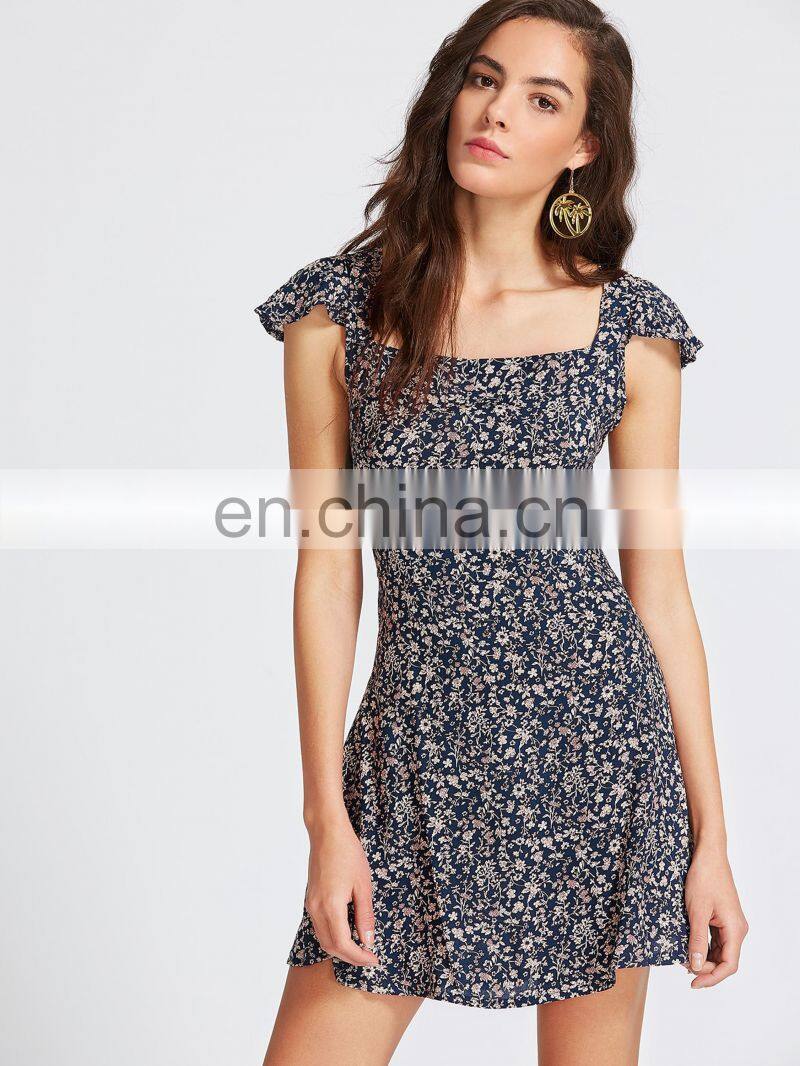 Florals Square Neck Criss Cross Bow Tie Back Beach Dress Sexy Model Hot Photos
