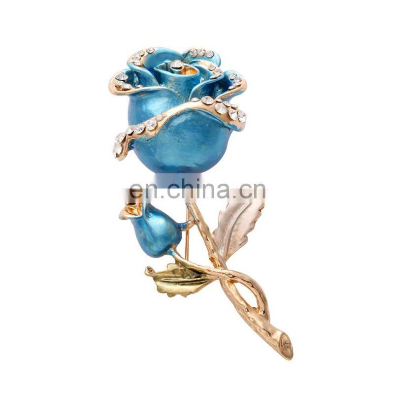 Fashion wholesale gold plating white rhinestone blue enamel rose brooch for women