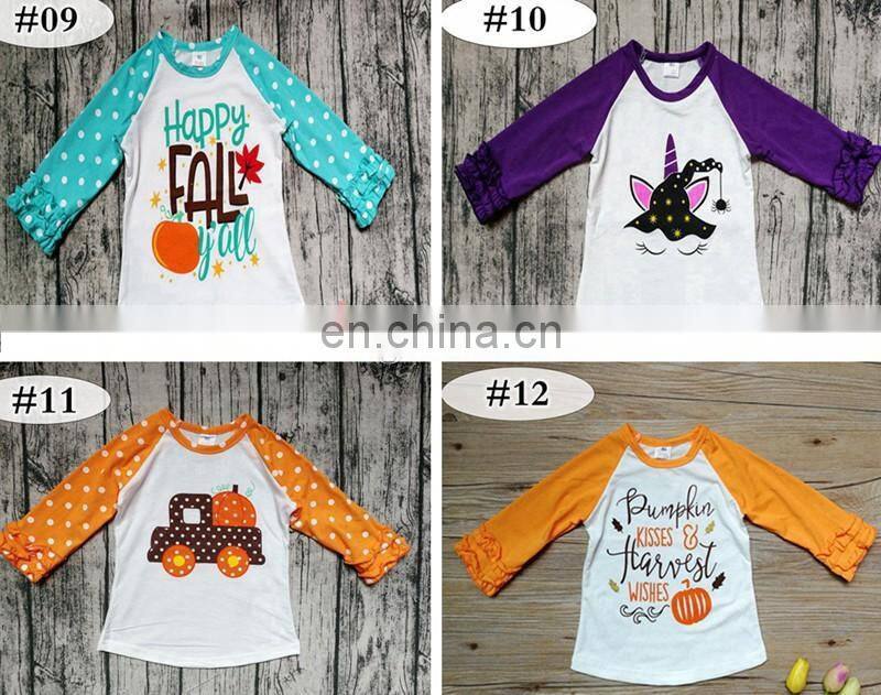 Halloween Baby Girl Ruffle Raglan gold pumpkins Tshirts Kids Ruffle rainbow Tops Santa Boys Clothes